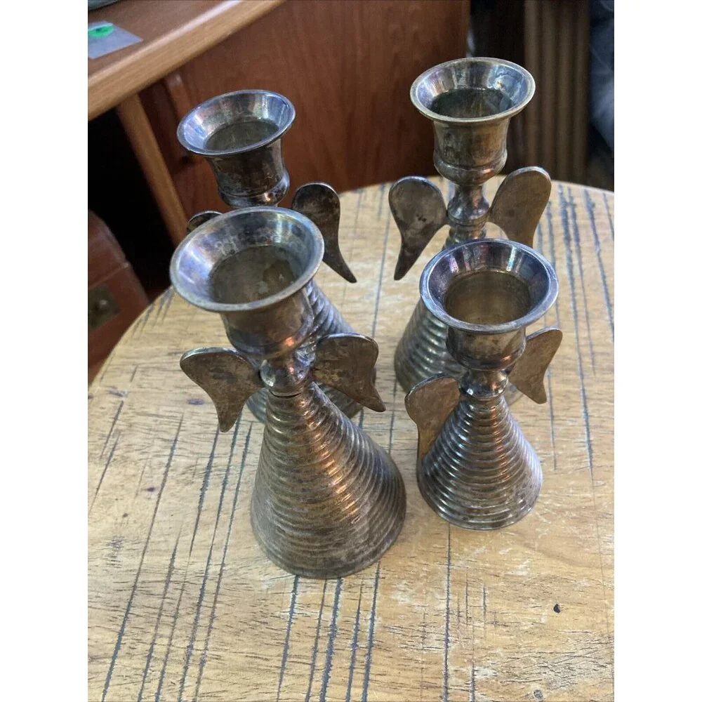 VTG Brass Angels Made India Abstract Angel Candle Stick Candle Holder Set Of 4
